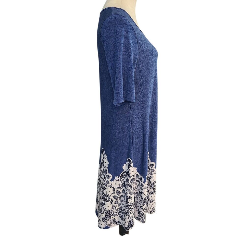 SJS Denim Blue Trapeze Dress L Lace Hem Border Feminne Coastal Cottagecore - Picture 4 of 8